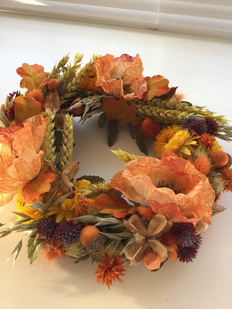 Rustic Garland Wall Hanger A Wreath of Silk and Dried Flowers Wall Flower Arrangment in Autumnal Colours Door Hanger Cottage Chic Dec