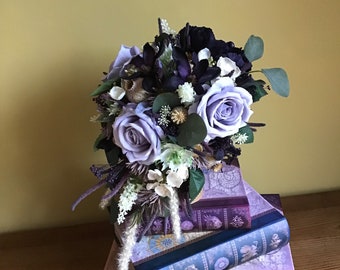 Silk Teardrop Soft Grey and Midnight Purple Bouquet ,Rustic Floral Combination of Quality Silk  and Dried Flowers,Everlasting Brides Flowers