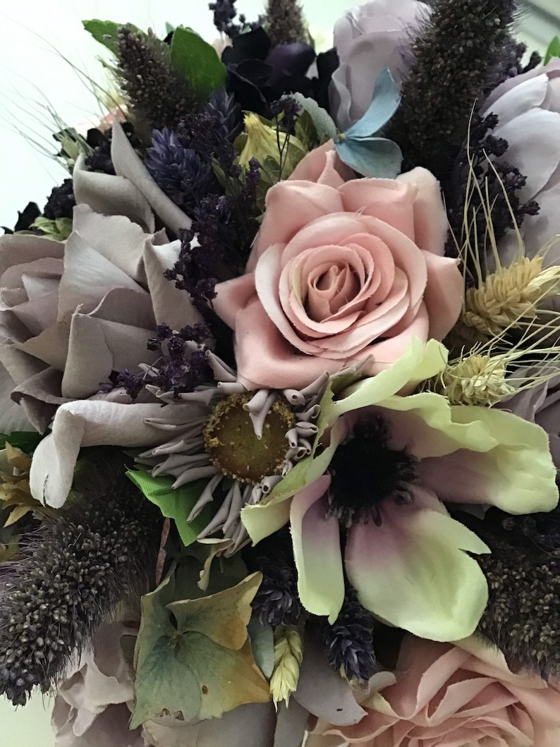 mauve lilac Dried and silk combination antique pink silk flowers dried grasses bouquet boho bride flowers vintage wedding style