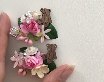 Little Bear Hair Clips for Girls,Flower Hair Clips,Small Hair Clips for Childs Hair,Two Mini Hair Slides in Pink,A Pair of Hair Accessories