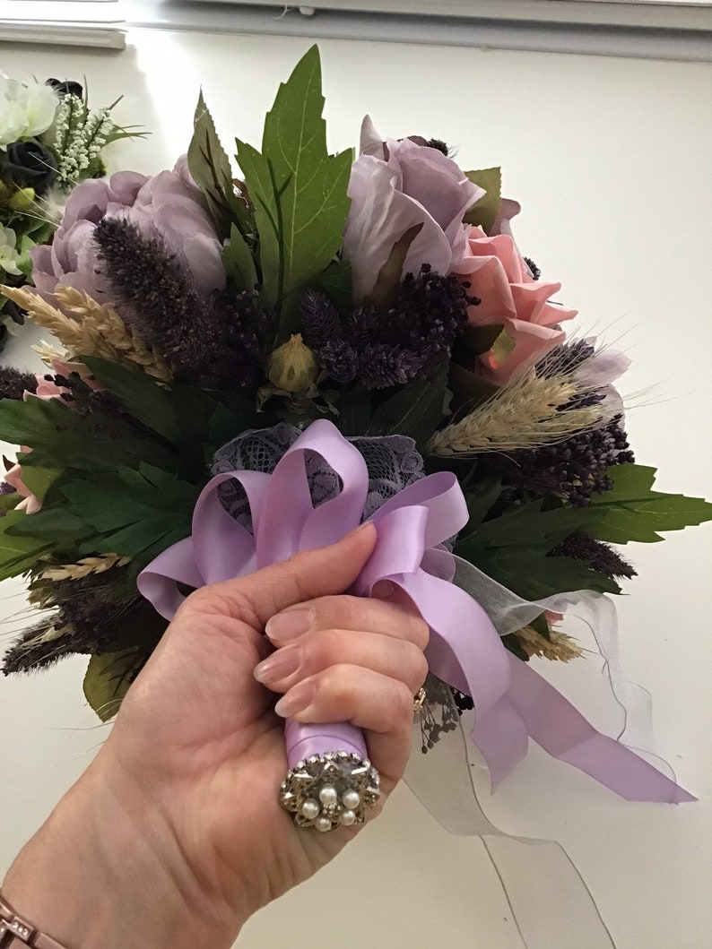 mauve lilac Dried and silk combination antique pink silk flowers dried grasses bouquet boho bride flowers vintage wedding style