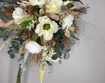 Silk and Dried Flower wedding Bouquet, Boho chic,natural foliage,whimsical cascading bouquet,faux floral bouquet