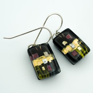 Fused Glass Earrings: Black Golden Phase Drops Klimt Geometric Abstract