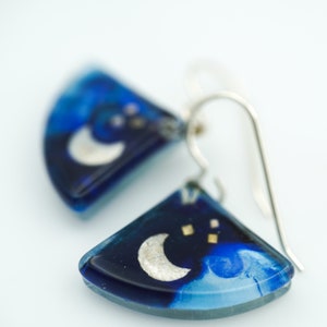 Fused Glass Blue Moon Fan Earrings: Night Crescent Stars Glass Sky