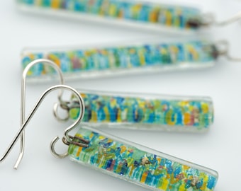 Fused Glass Earrings: Seine Bars Monet Impressionism Water Sunlight