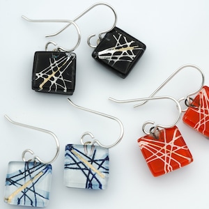 Fused Glass Earrings: Criss-Cross Squares Abstract Contemporary Mica