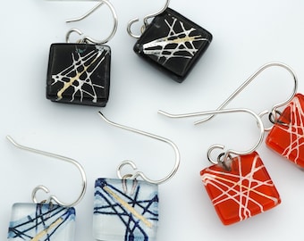 Fused Glass Earrings: Criss-Cross Squares Abstract Contemporary Mica