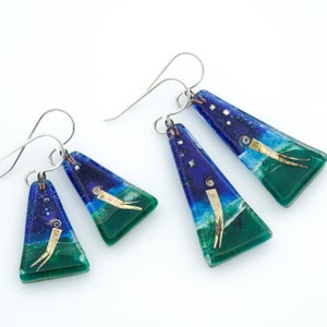 Fused Glass Jewelry: Afloat Triangles Blue-Green Dreamy Chagall