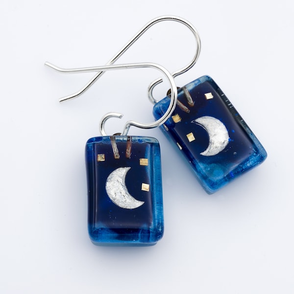 Fused Glass: Blue Moon Drop Earrings Silver Moon Night Sky