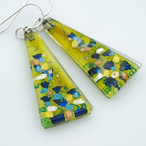 Fused Glass Earrings: Garden Large Triangles Floral Blue White Klimt