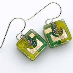 Fused Glass Earrings: Green Garden Snail Cube Brass Minimalist Contemporary