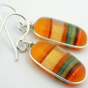 Dichroic Fused Glass Earrings: Heliogram II - Orange Teal Persimmon Wire Wrapped