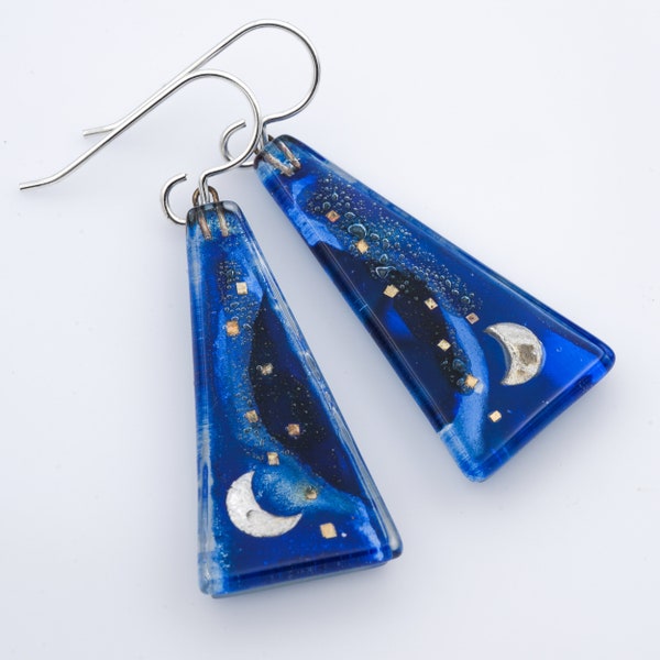 Fused Glass Earrings: Blue Moon Triangle Earrings Silver Moon Night Sky