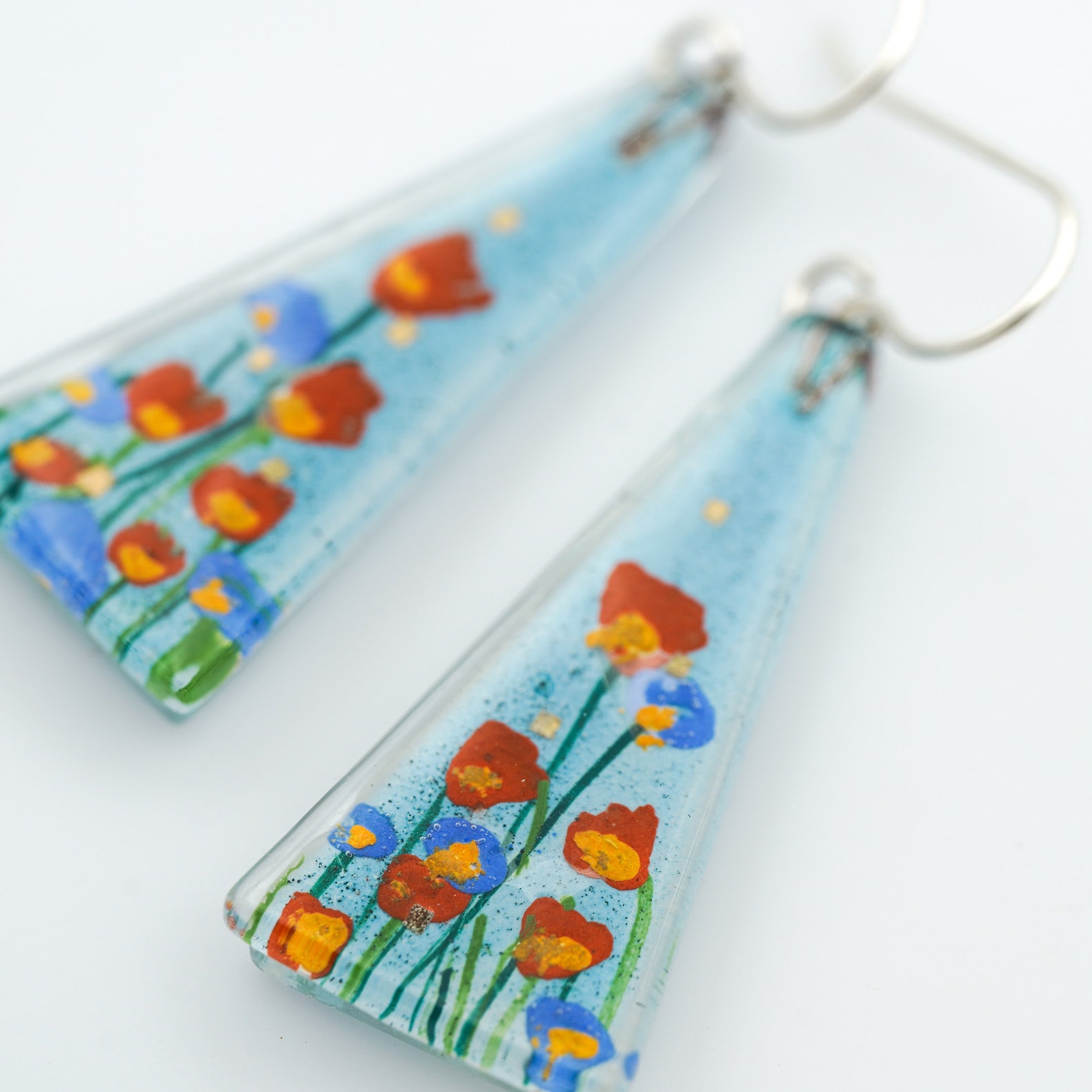 Fused Glass Earrings: Stream Flowers Large Triangle Aqua Red - Etsy