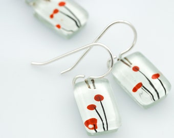 Fused Glass Earrings: Poppies Drops Sumi Strokes Minimalist