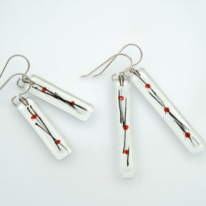 Fused Glass Earrings: Momo Vert Bars Sumi Strokes Japanese Motif Minimalist
