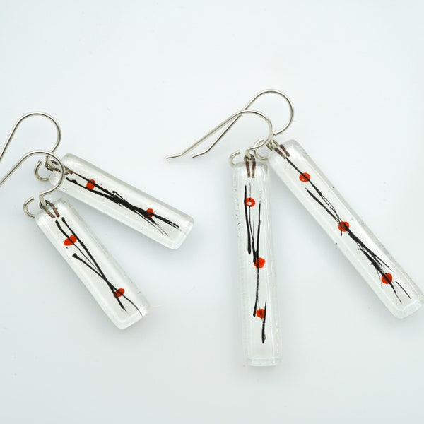 Fused Glass Earrings: Momo Vert Bars Sumi Strokes Japanese Motif Minimalist