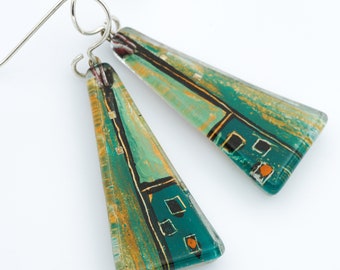 Fused Glass Earrings: Grünhaus Triangles Vienna Hundertwasser Green House