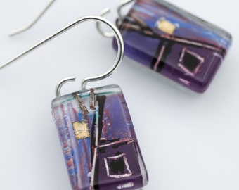 Fused Glass Earrings: Lilahaus Drop Earrings Purple House