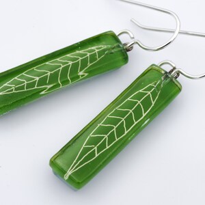 Fused Glass Earrings: Pinnate Bars Green Leaf Inlay