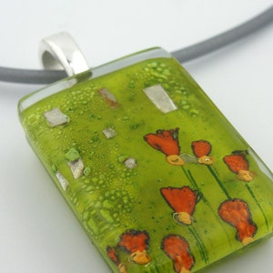 Fused Glass Pendant: Golden Poppies Floral Mixed Media Enamel