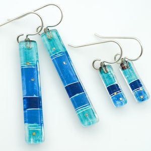 Fused Glass Earrings: Blue Strata Bars Ocean Coast Water Aqua Beach