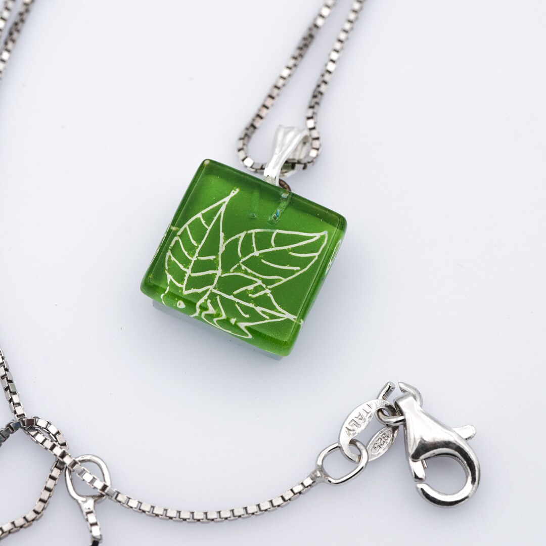 Fused Glass Charm Necklace Pinnate Square Earrings Green Leaf Inlay Etsy