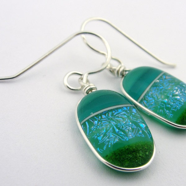 Dichroic Fused Glass Earrings: Greenwood - Teal Green Forest Turquoise Blue Green Shimmer