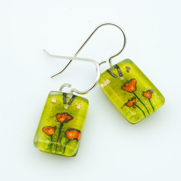 Fused Glass Jewelry: Golden Poppies Drops Floral Flower Earrings