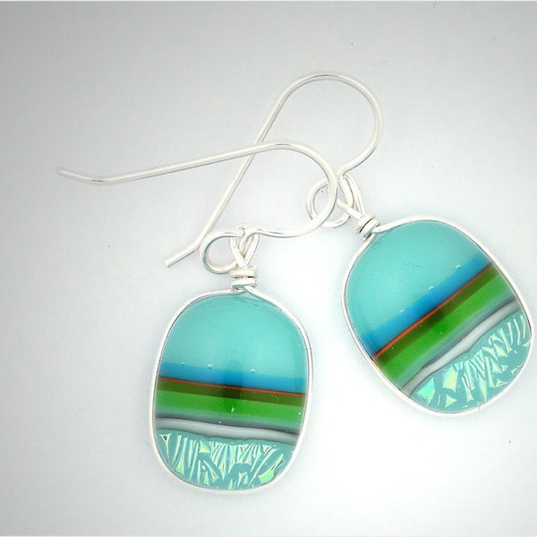 Dichroic Fused Glass Earrings: Zonda - Aqua Turquoise Blue Orange Green Wire Wrapped