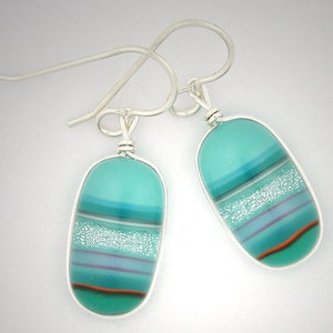 Dichroic Fused Glass Earrings: Zarape II - Aqua Turquoise Blue Green