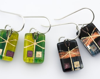Fused Glass Earrings: Dragonfly Drop Earrings Black Green Silver
