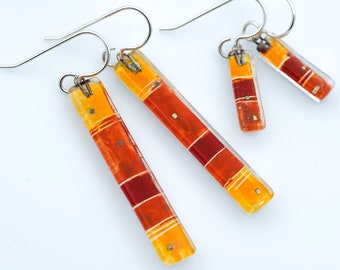 Fused Glass Earrings: Warm Strata Bars Orange Yellow Red Bright Colorful
