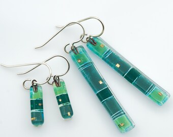 Fused Glass Earrings: Green Strata Bars Lime Blue-Green Laguna Viridian
