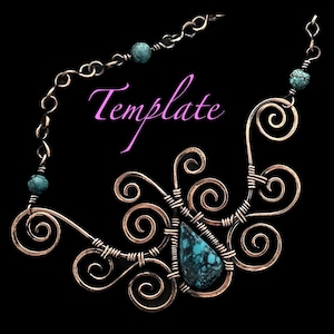 May include: A copper wire necklace with a turquoise stone pendant and turquoise beads. The necklace has a delicate, swirling design. The word "Template" is written in pink cursive on a black background.