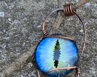 Hand Painted Blue Copper Wire Wrapped Dragon Eye Pendant, Dragon Eye Necklace, Fantasy Jewelry, Dragon Jewelry,