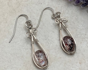 Sterling Silver Wire Wrapped Raspberry Quartz Earrings, Pink Quartz