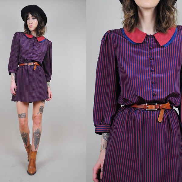 PINSTRIPED vtg 80's bloused SHIRT DRESS Maroon double collar Mini preppy silky