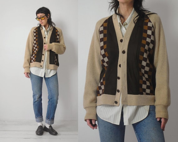 1960's Checkered Suede Cardigan - image 1