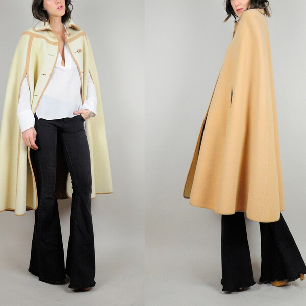 REVERSIBLE 70's English wool camel CAPE minimalist swing structured Trapeze cloak coat Draped OS