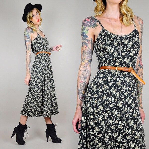 90's REVIVAL tiny DITSY floral Strappy sundress Ditzy Midi Daisy rose Maxi grunge DRESS jersey knit