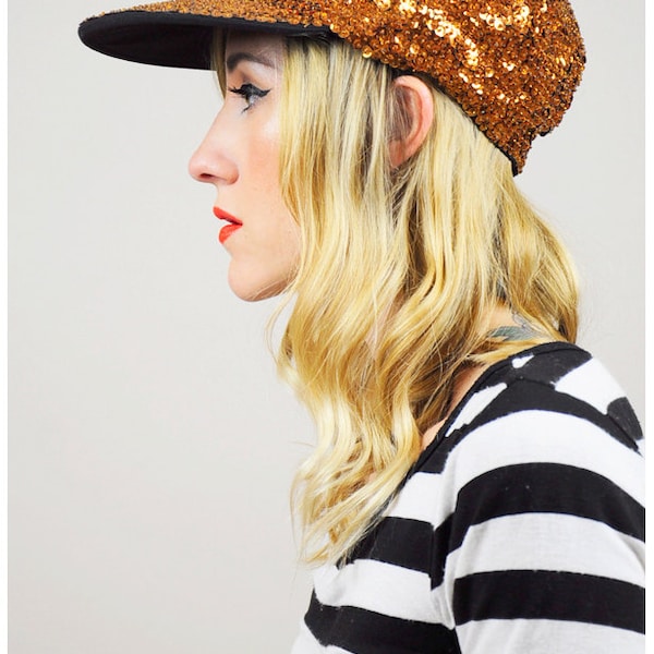 Copper SEQUINED 80's HAT baseball cap trophy glam METALLIC beaded fitted unisex