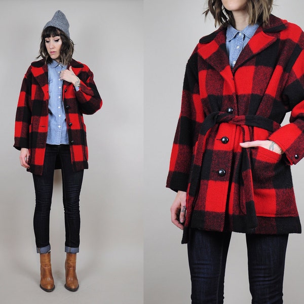 WOOLRICH buffalo PLAID vtg 80's check WOOL lumberjack Coat trench belted • small / medium