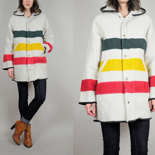 Woolrich vtg 80's HUDSON BAY Wool rainbow striped blanket Duffle Coat HOODED small • medium