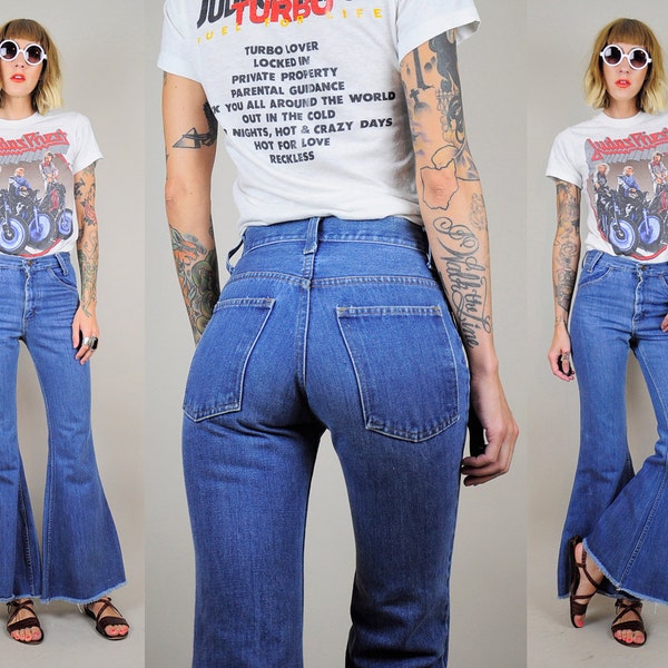 HIGH WAIST 70's Tight flared Blue denim Bell Bottom JEANS Pants hippie gypsy Festival Boho Faded xs