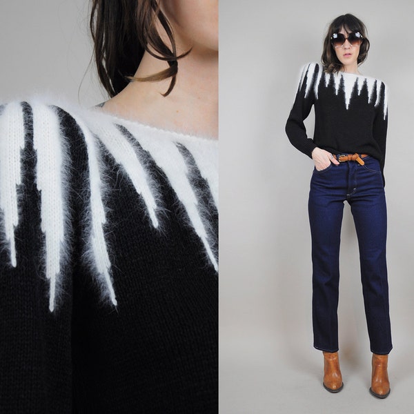 vtg black & white ANGORA abstract knit minimalist 80's SWEATER fuzzy Geometric puff sleeve