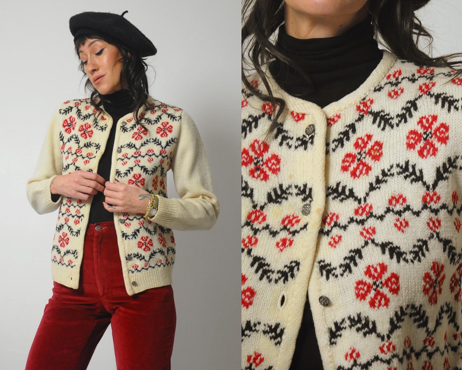 1970's Handknit Floral Cardigan - Etsy