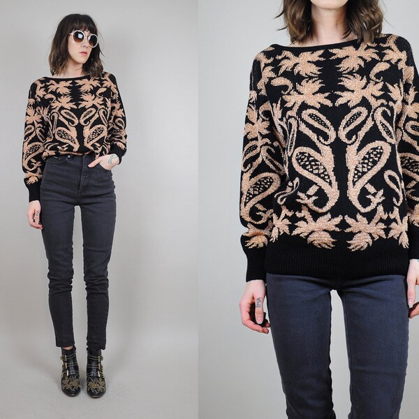 gold METALLIC vtg 80's kaleidoscope PAISLEY sweater tapestry BROCADE botanical floral Jumper • Medium