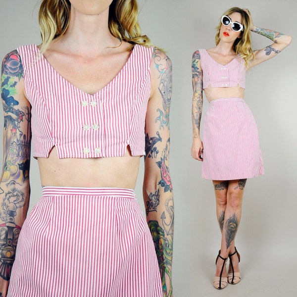 1960's SEERSUCKER Stripe Two piece CROPPED Top Skort Matching Outfit SAILOR Nautical xs / xxs