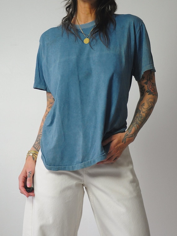 1970's Indigo Dyed Blank T-shirt - image 8